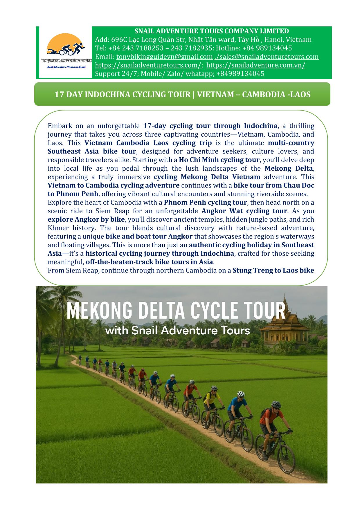 17 DAY INDOCHINA CYCLING TOURS | VIETNAM-CAMBODIA -LAOS BIKE ADVENTURE
