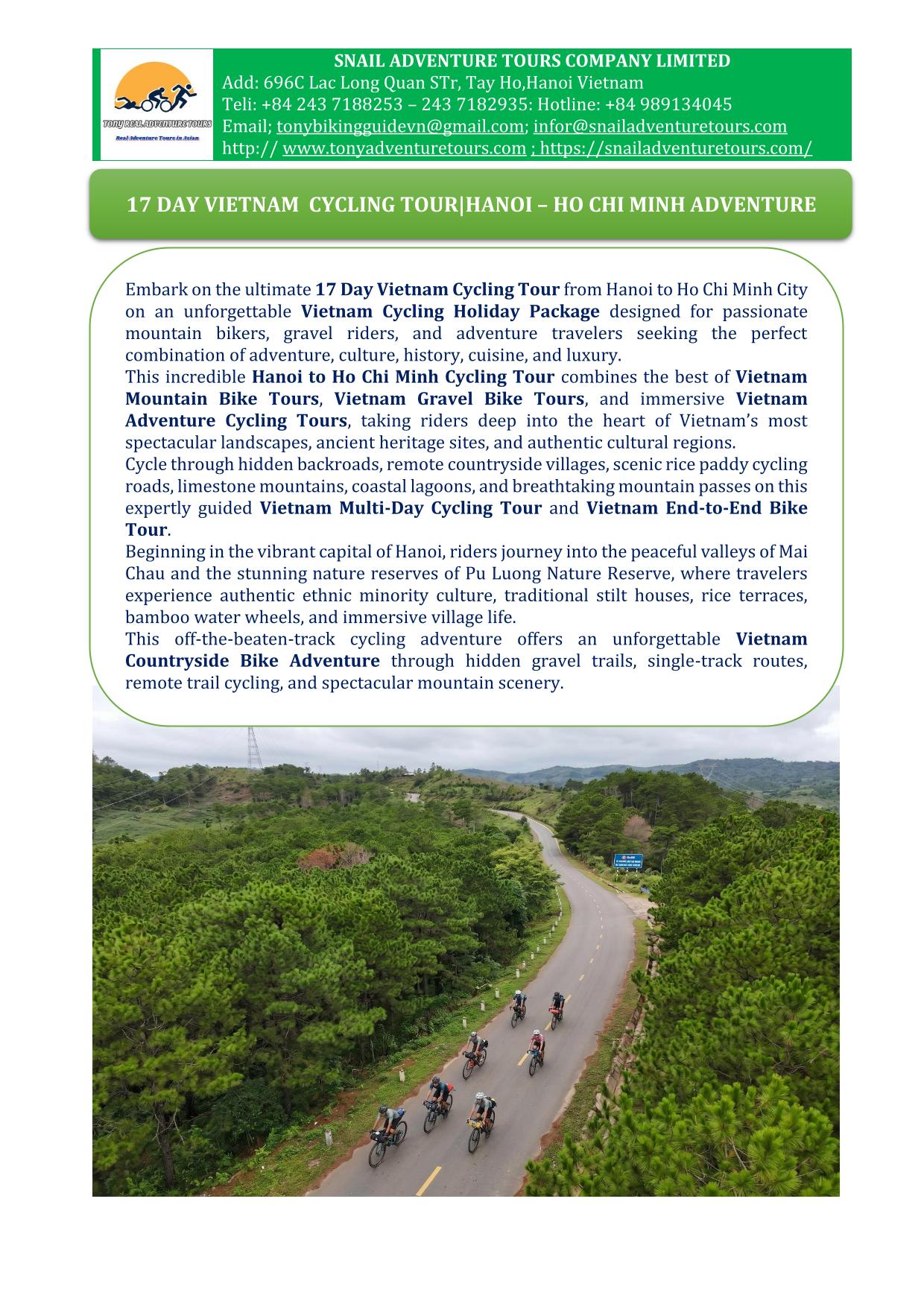 17 DAY VIETNAM CYCLING TOURS| HANOI - HO CHI MINH ADVENTURE TOURS
