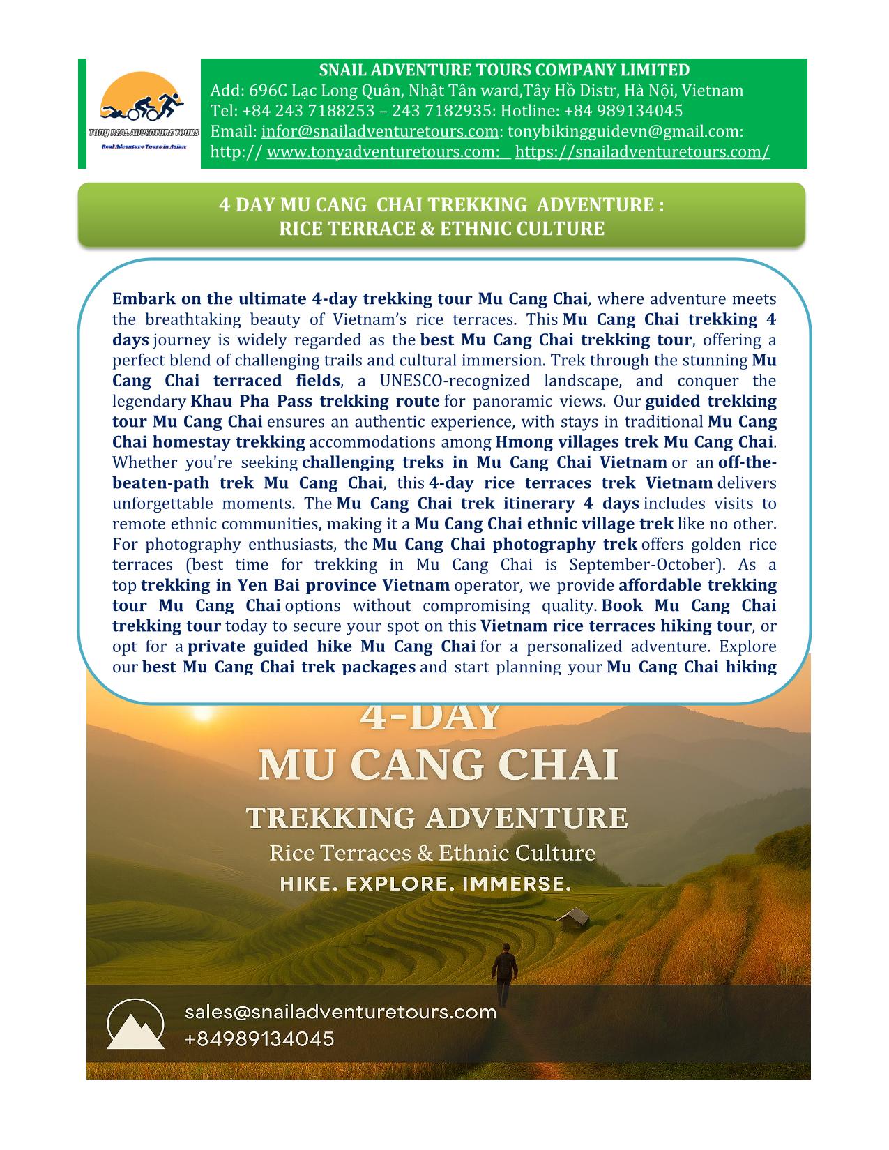 4 DAYS - MU CANG CHAI TREKKING ADVENTURE: RICE TERRACE & ETHNIC CULTURE