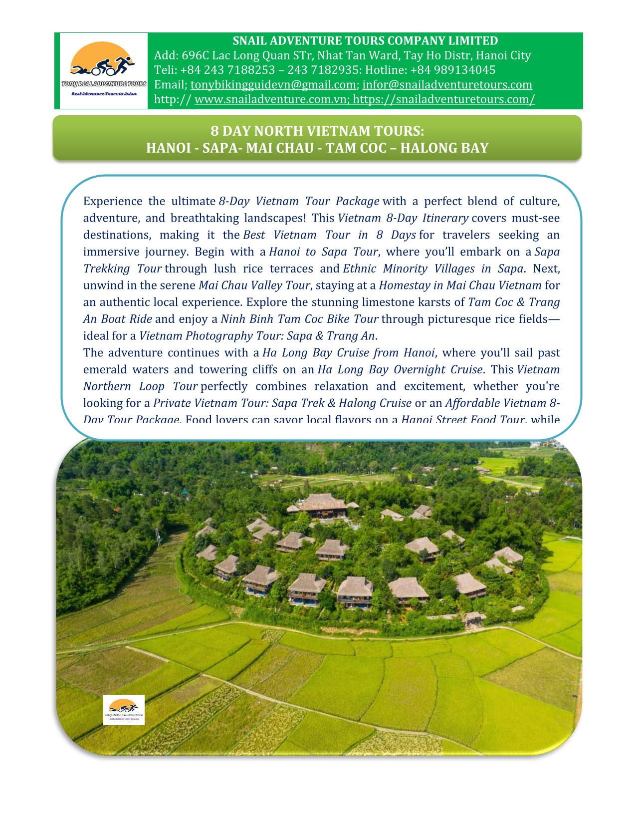 8 DAY VIETNAM  ADVENTURE TOURS: HANOI-SAPA - MAI CHAU -TAM COC - HALONG BAY