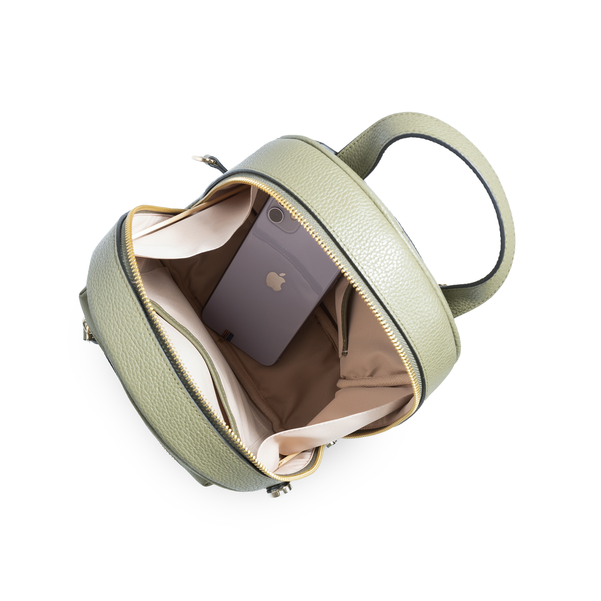 [Da Bò Thật Nhập Ý] Túi Balo Nữ Công Sở LEKA GAIA Backpack - Size 21cm - Màu Xanh Olive Vân Togo Mastrotto