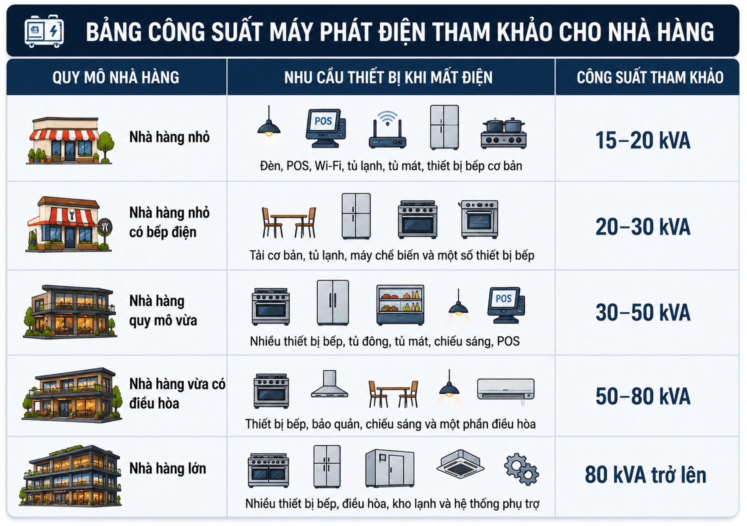 Bảng công suất máy phát điện tham khảo cho nhà hàng