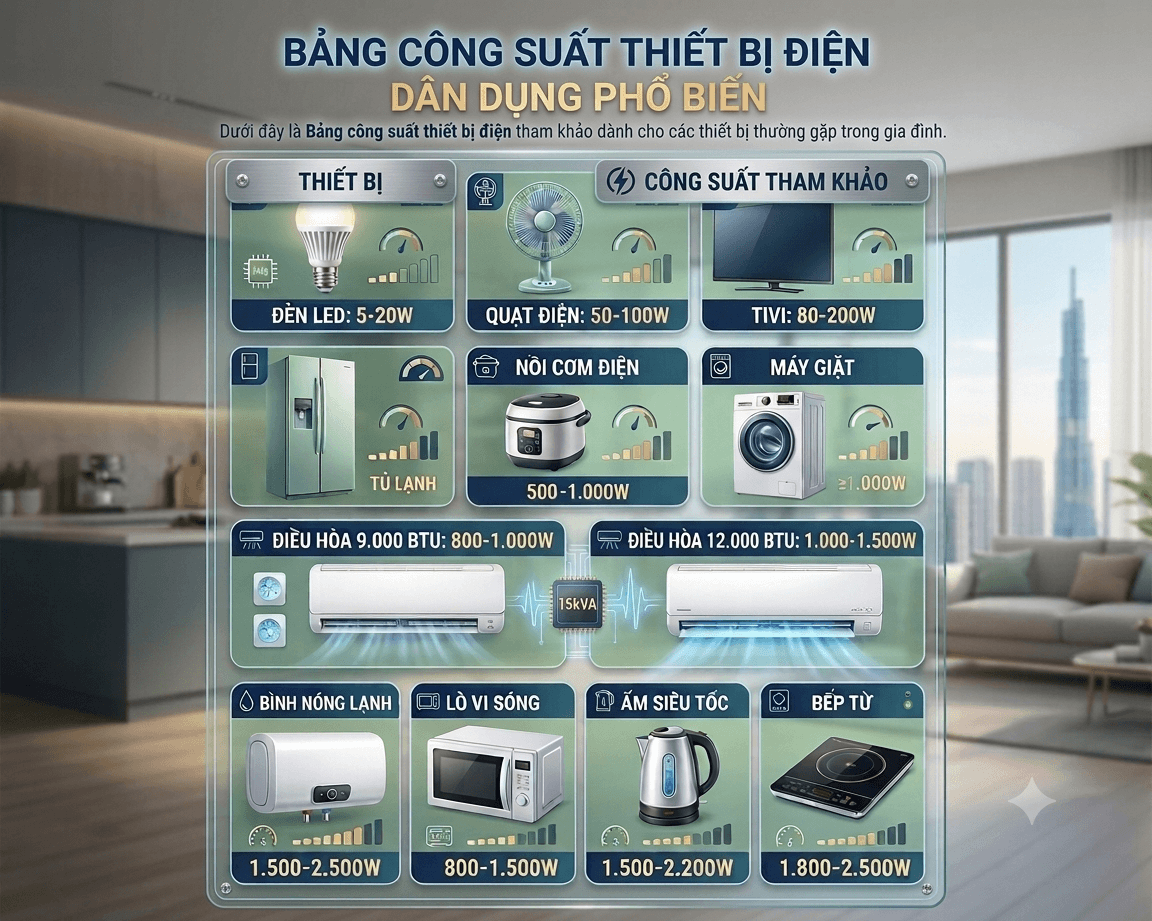 bảng công suất thiết bị điện dân dụng