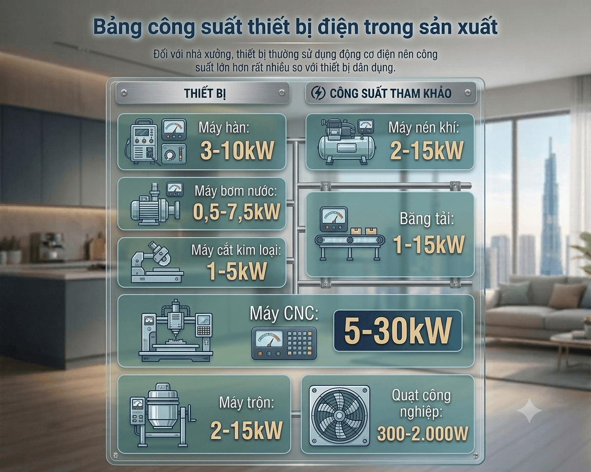 bảng công suất thiết bị điện tong sản xuất