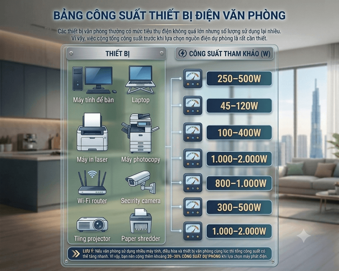 bảng công suất thiết bị điện văn phòng