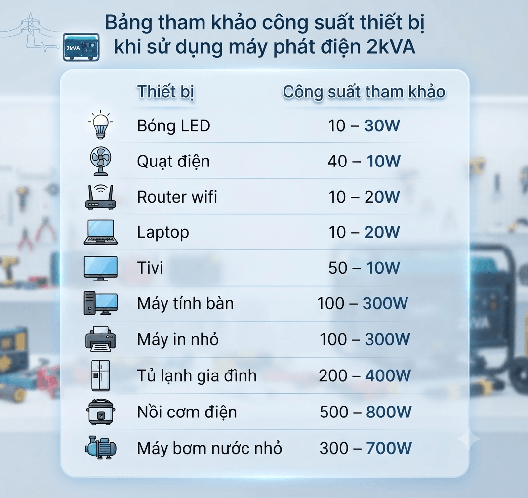  Bảng tham khảo công suất thiết bị khi sử dụng máy phát điện 2kVA