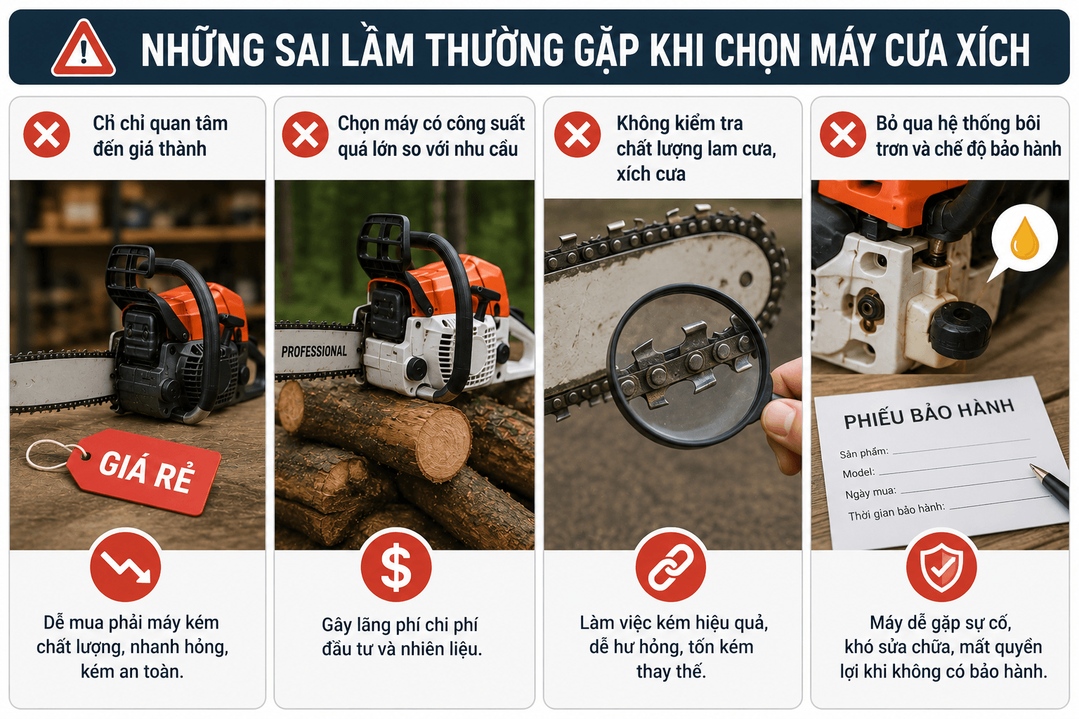 những sai lầm thường gặp khi lựa chọn máy cưa xích