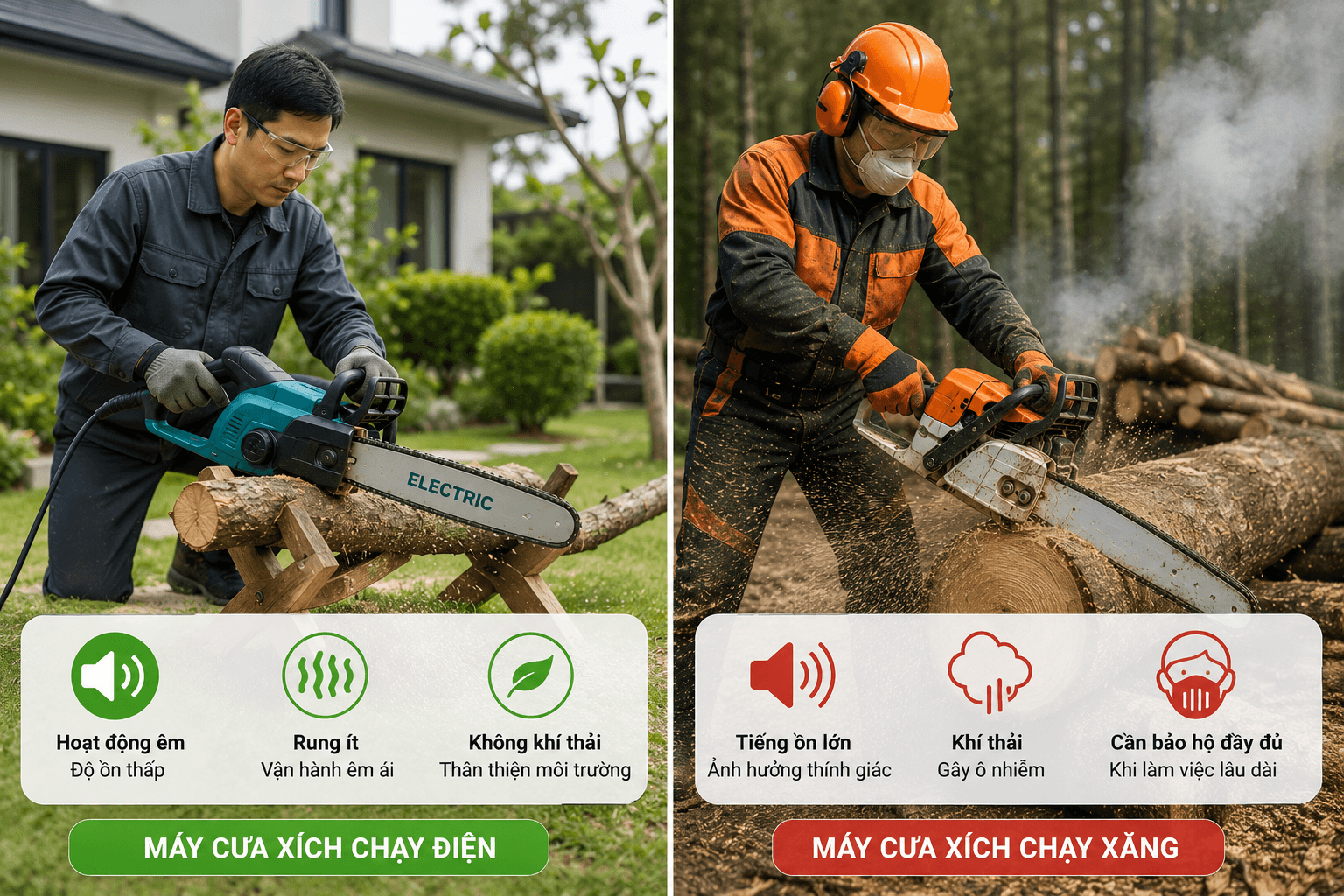 công suất và khả năng cắt của máy cưa xích chạy xăng và chạy điện