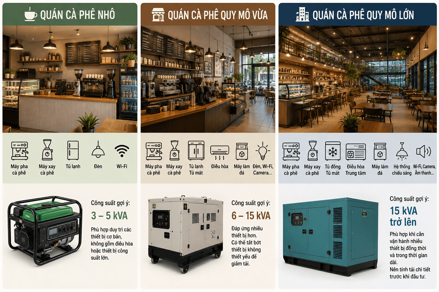 Chọn máy phát điện cho quán theo quy mô