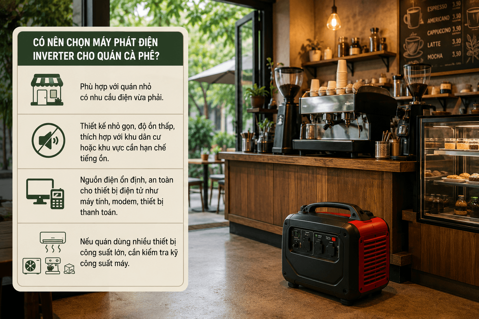 Có nên chọn máy phát điện inverter cho quán cà phê?