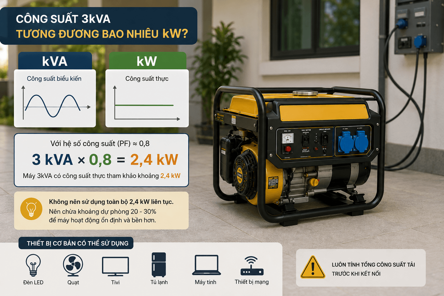 Công suất 3kVA tương đương bao nhiêu kW?