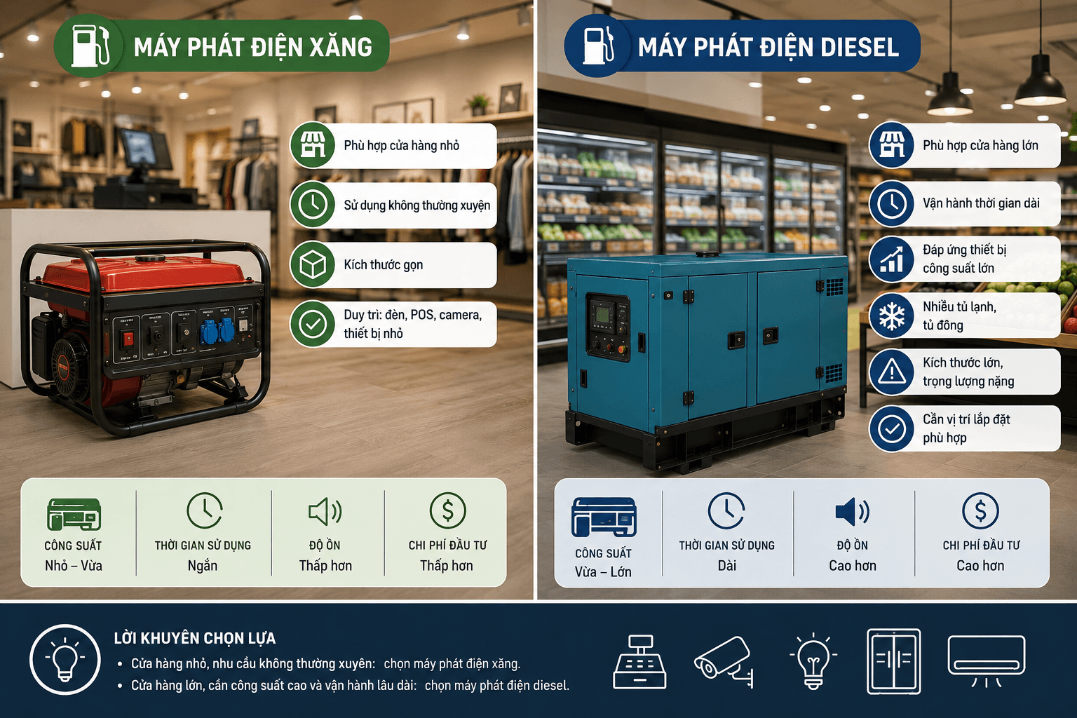 Nên chọn máy phát điện xăng hay diesel cho cửa hàng?
