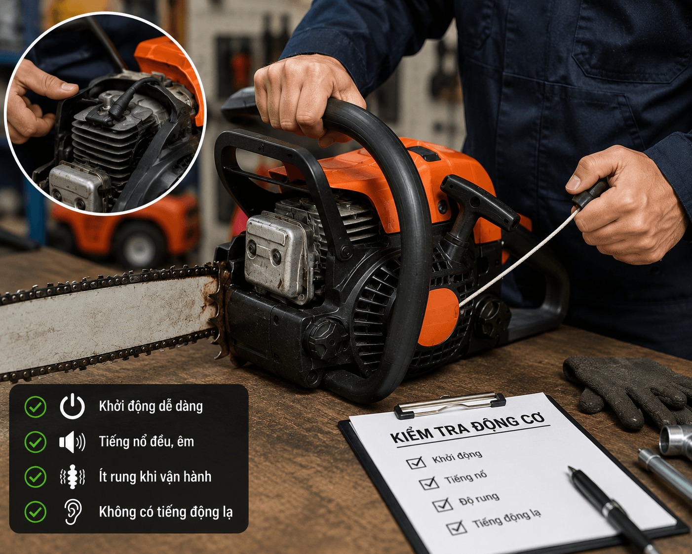 kiểm tra động cơ của máy cưa xích