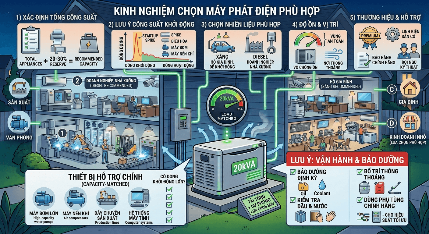 kinh nghiệm chọn công suất máy phát điện phù hợp