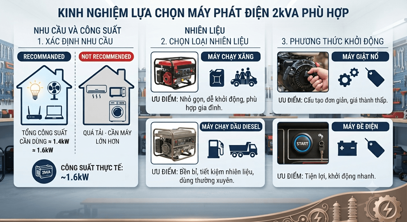 Kinh nghiệm lựa chọn máy phát điện 2kVA phù hợp