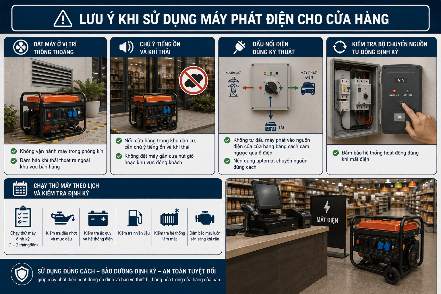 Lưu ý khi sử dụng máy phát điện cho cửa hàng