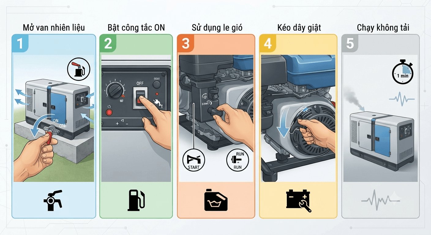Cách khởi động máy phát điện bằng dây giật