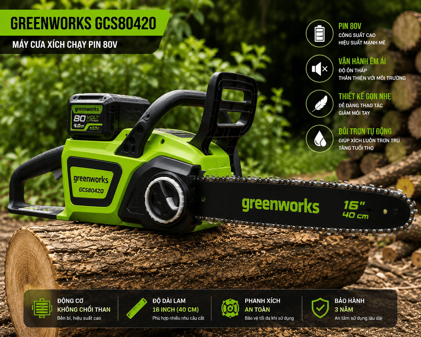 máy cưa xích Greenworks GCS80420