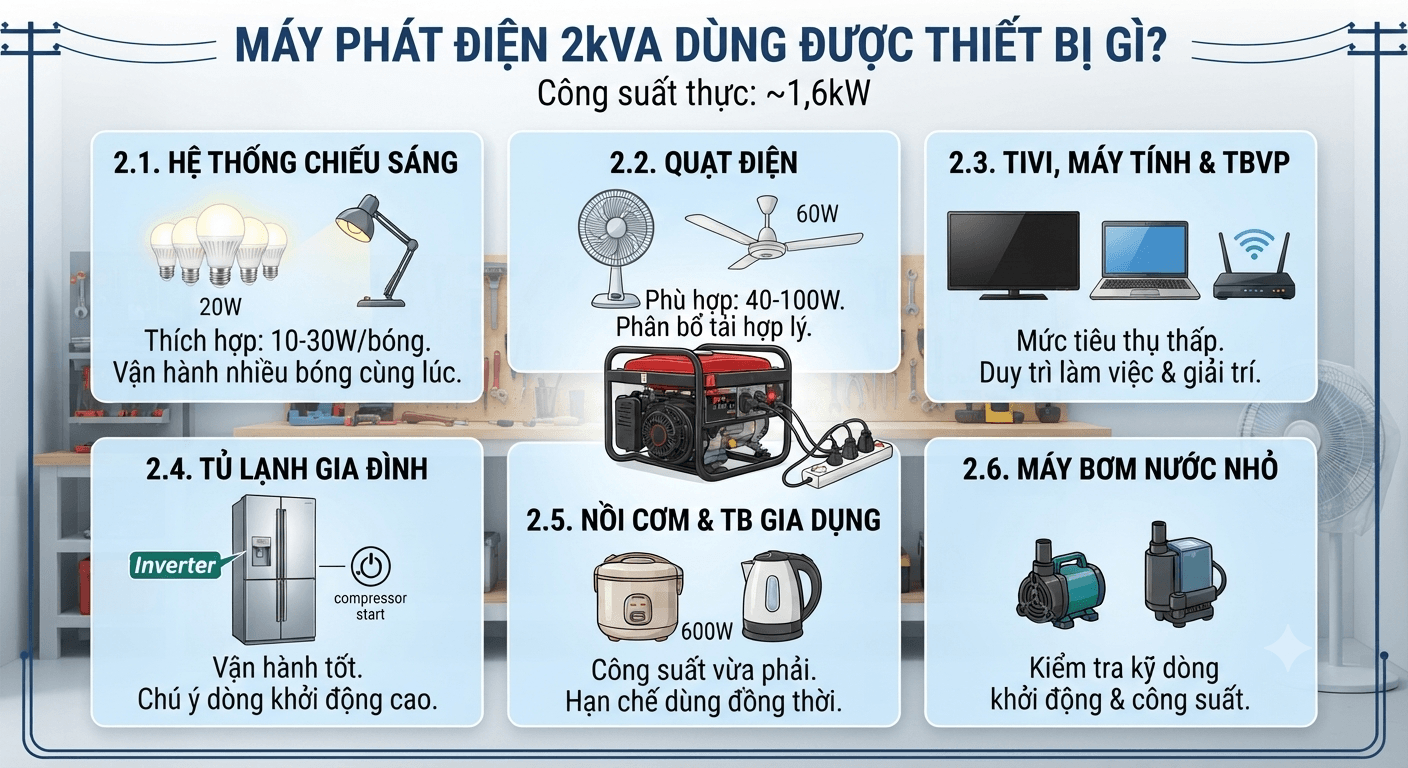 Máy phát điện 2kVA dùng được thiết bị gì?
