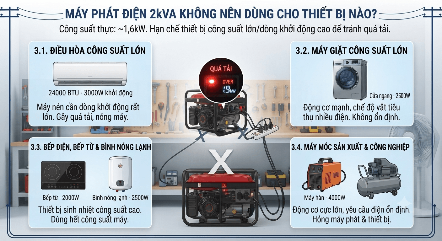 Máy phát điện 2kVA không nên dùng cho thiết bị nào?