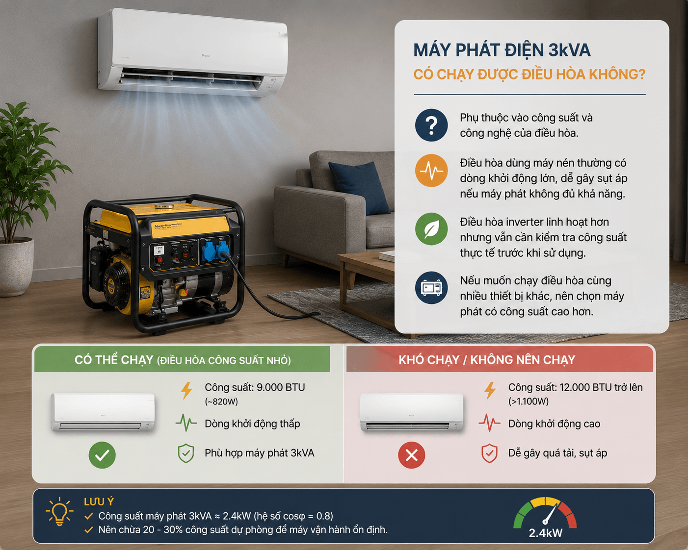 Máy phát điện 3kVA có chạy được điều hòa không?