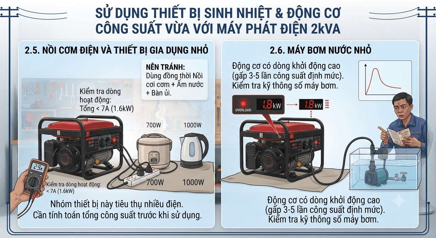 máy phát điện 2kVA dùng cho nồi cơm với máy bơm nước nhỏ