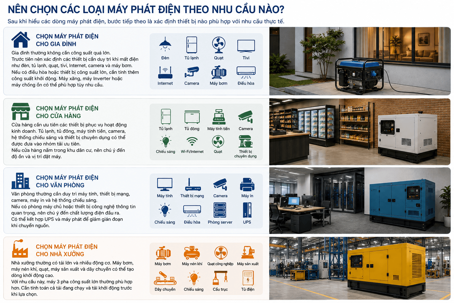 Nên chọn các loại máy phát điện theo nhu cầu nào?