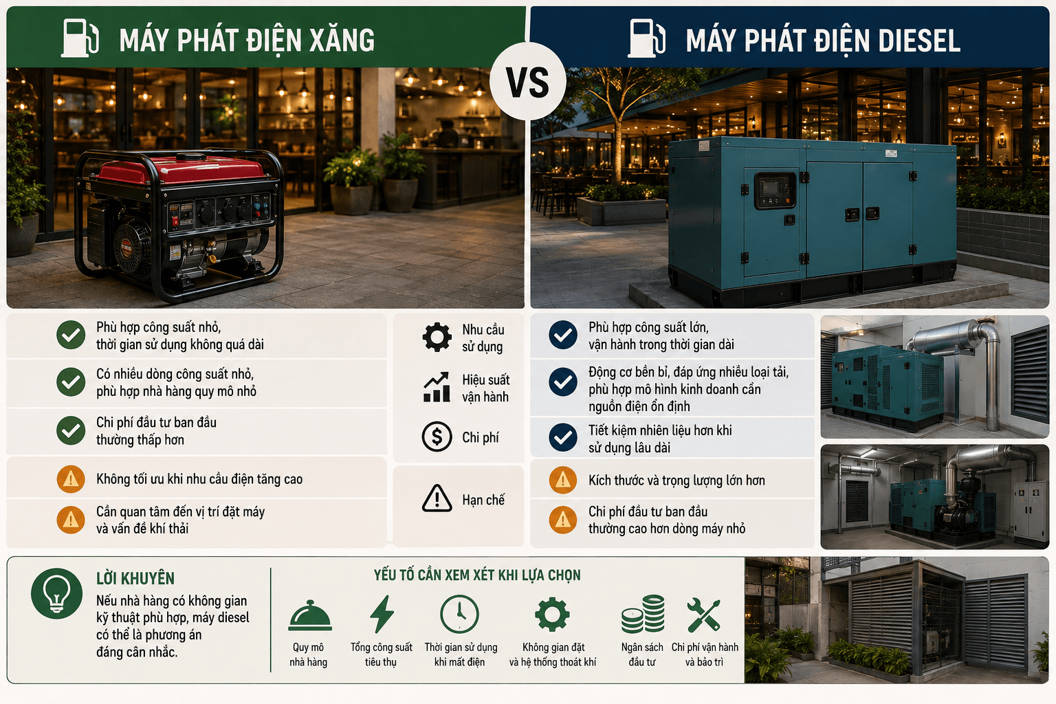 Nên chọn máy phát điện xăng hay diesel?