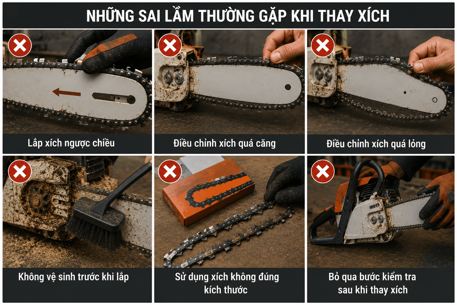 những sai lầm thường gặp khi thay xích máy cưa