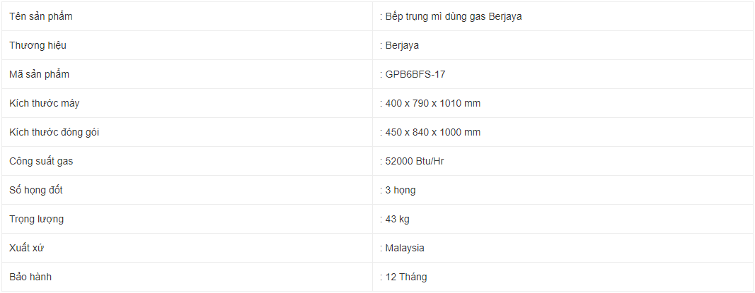 Bếp trụng mì dùng gas Berjaya GPB6BFS-17