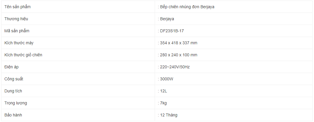 Bếp chiên nhúng đơn Berjaya DF23S1B-17