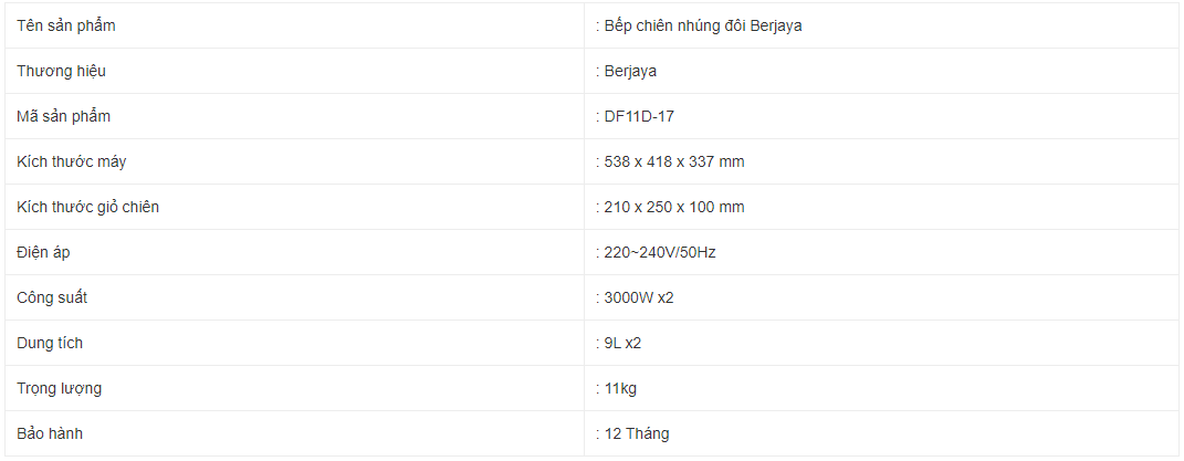 Bếp chiên nhúng đôi Berjaya DF11D-17