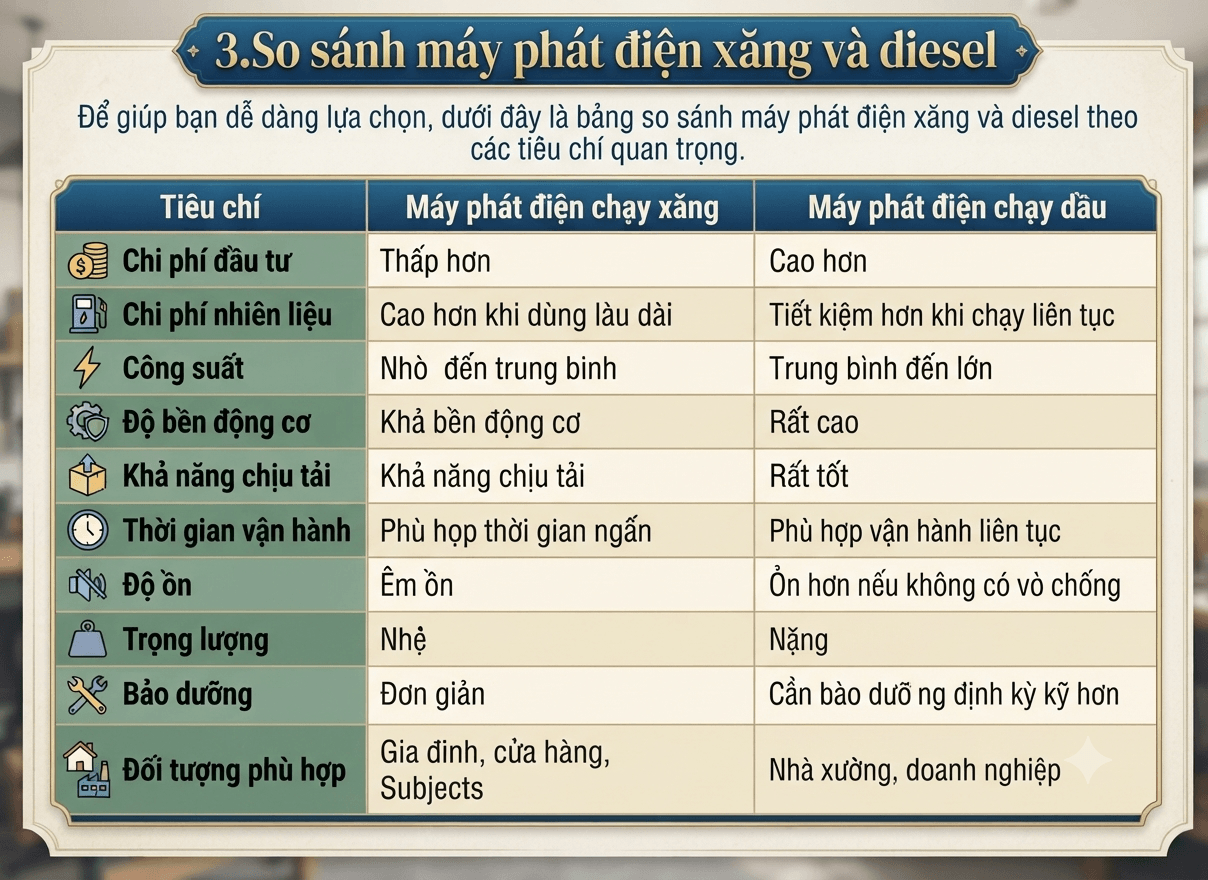 so sánh máy phát điện chạy xăng và máy phát điện chạy dầu
