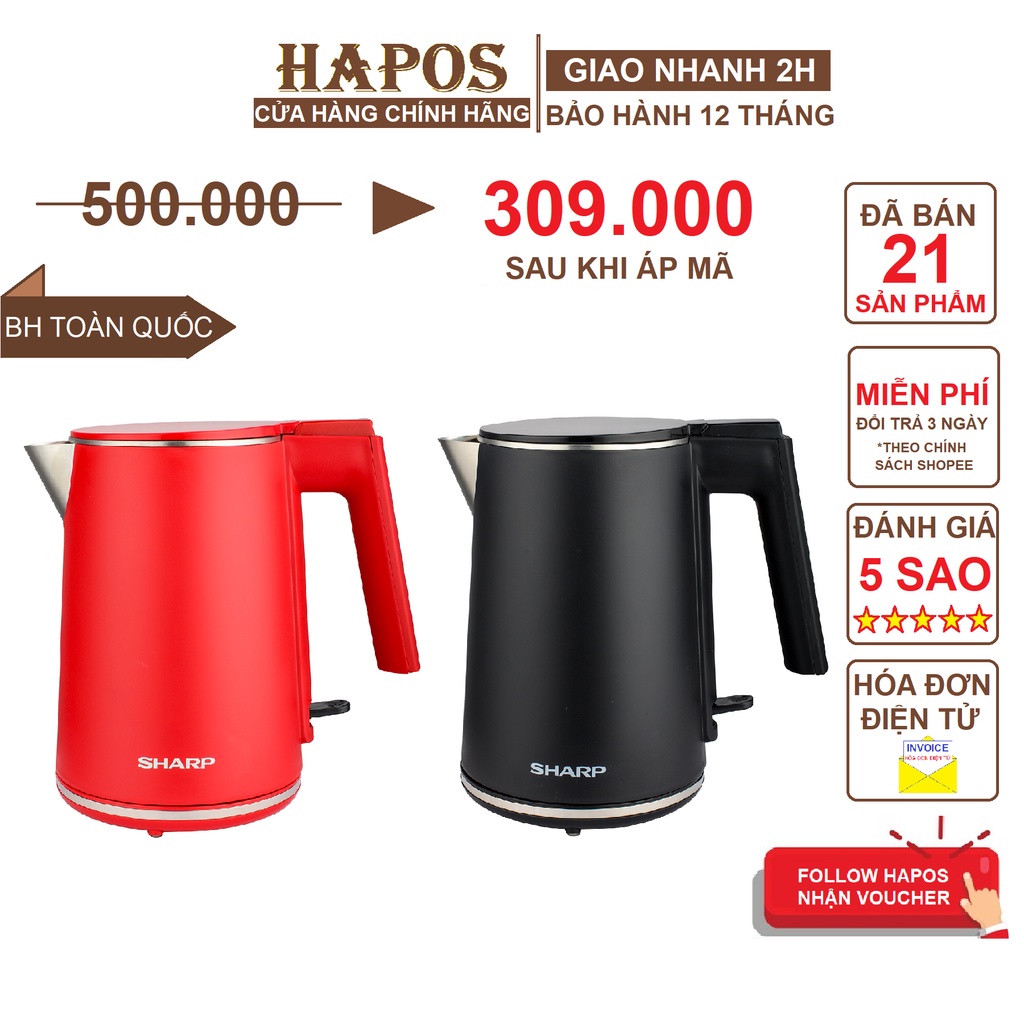 Ấm đun siêu tốc Sharp mini 1 Lít có lưới lọc, đun sôi nhanh EKJ-10DVPS - Thương hiệu Nhật - CHEAPMALL EKJ-10DVPS-RD - 17EVSD - 1.7L- 2200W