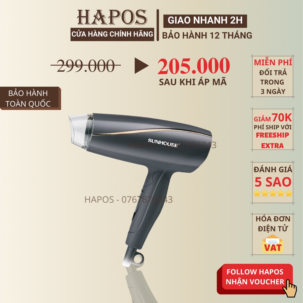 Máy sấy tóc Sunhouse SHD2306 2 chế độ sấy công suất 1200W tiết kiệm điện