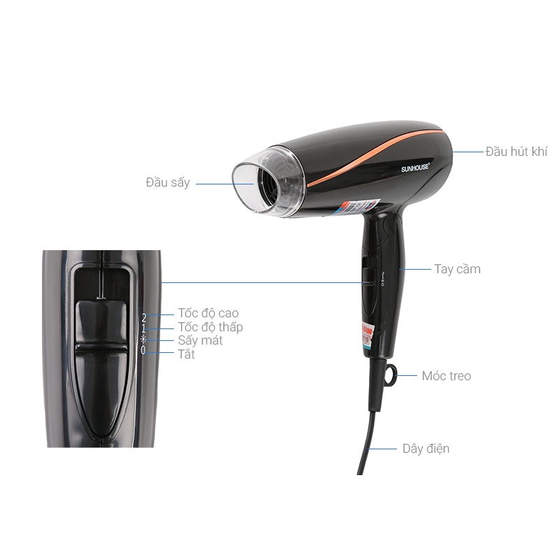 Máy sấy tóc Sunhouse SHD2306 2 chế độ sấy công suất 1200W tiết kiệm điện