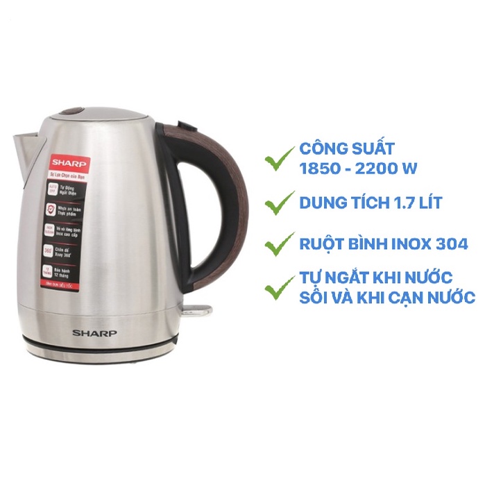 Ấm đun siêu tốc Sharp mini 1 Lít có lưới lọc, đun sôi nhanh EKJ-10DVPS - Thương hiệu Nhật - CHEAPMALL EKJ-10DVPS-RD - 17EVSD - 1.7L- 2200W