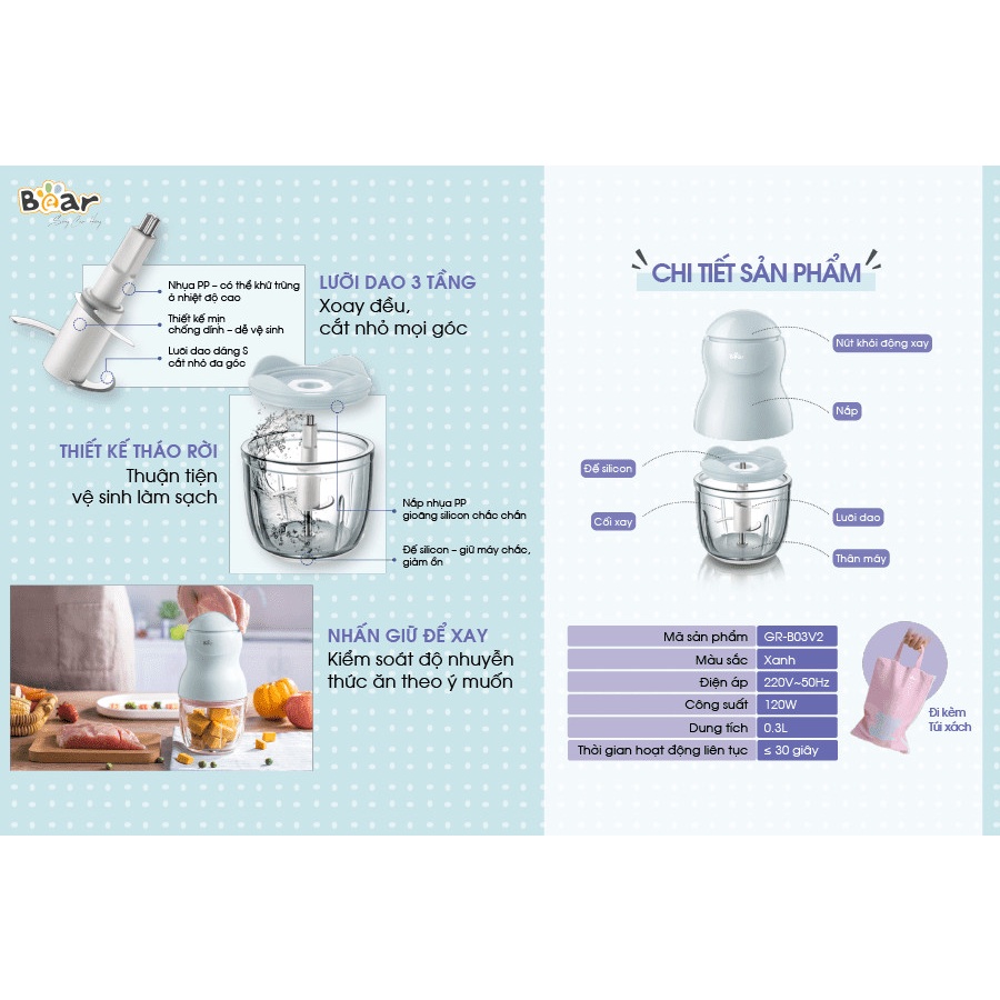 QT - Máy xay đa năng Bear, máy xay thịt, xay rau củ cho bé Bản Quốc Tế - HAPOS BH 18 thán QSJ-B02U2 0.6L 220W - BEAMXEQSJB02U2