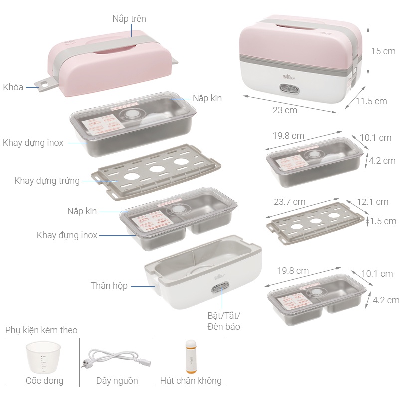 QT - Hộp cơm điện cầm tay mini đa năng Bear DFH-B20S6, 3 khay dung tích lớn thép không gỉ an toàn cho sức khỏe, tiện lợi Bear_tròn_quốc tế