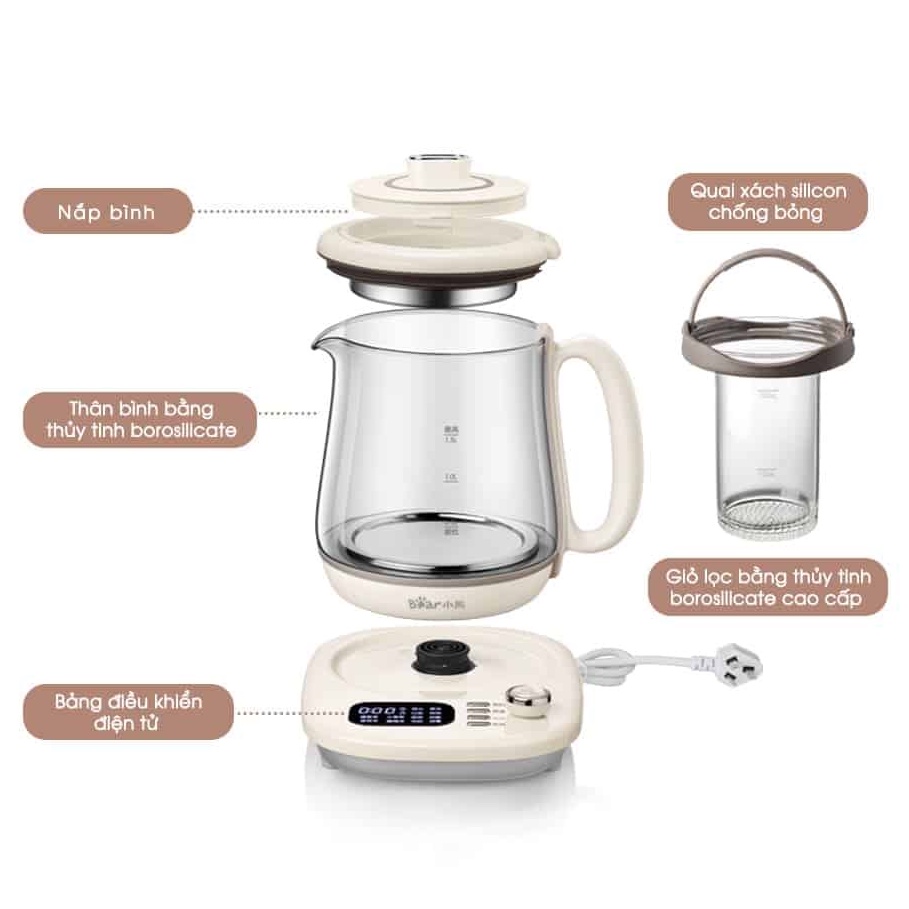 QT - Ấm Bình Máy pha trà chưng yến đa năng Bear SUBE011, thủy tinh dung tích 1,5L nhỏ gọn tiện lợi, dưỡng sinh, BH 18 tháng C08T1 Xanh Quốc Tế