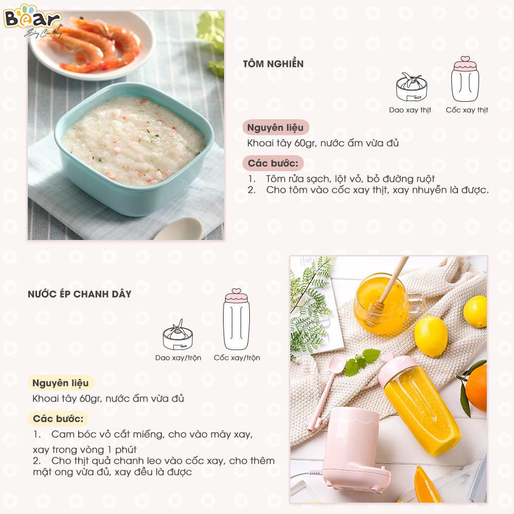 QT - [HÀNG NHẬP KHẨU] - Máy xay thực phẩm trẻ em Bear LLJ-C04J1 (B03V1) Bộ 3 cối xay tiện lợi. Phù hợp nhiều loại thức ăn LLJ-D04B1 2 cối