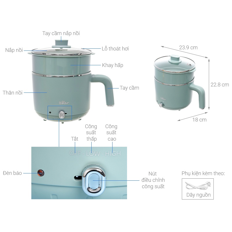 QT - Nồi lẩu điện mini đa năng Bear DRG-D12M5 nồi lẩu mini 1.2L Bear - Hàng Chính Hãng - Bảo Hành 18 tháng DRG-D12M5