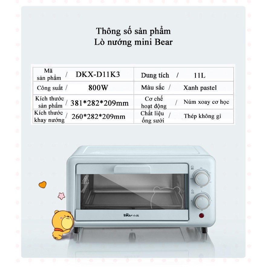 QT - Lò Nướng Mini Điện Đa Năng BEAR 11L D11B1, Bếp nướng điện, Lò Nướng Mini Cho Gia Đình ( Công Suất 800W), Bảo hành 12Th F10K5 - Mẫu mới