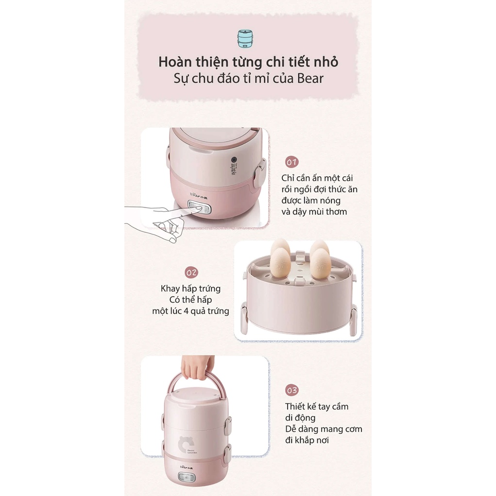 QT - Hộp cơm điện cầm tay mini đa năng Bear DFH-B20S6, 3 khay dung tích lớn thép không gỉ an toàn cho sức khỏe, tiện lợi Bear_tròn_quốc tế