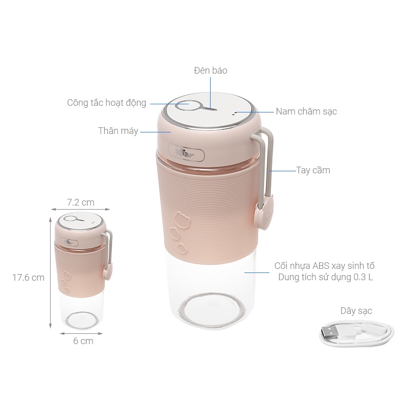 QT - Máy Xay Sinh Tố Bear Cầm Tay Đa Năng 300ML LLJ-B03C1 / P03G5 - Hàng Chính Hãng - Bảo Hành 18 Tháng B03C1 - Hồng