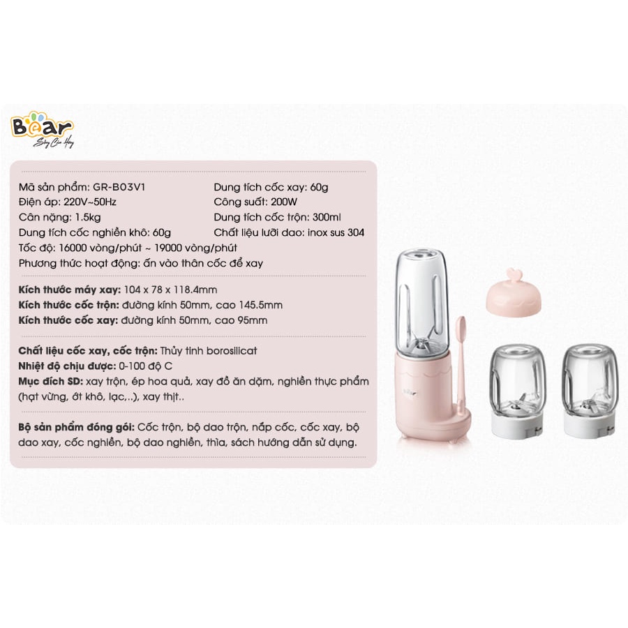 QT - [HÀNG NHẬP KHẨU] - Máy xay thực phẩm trẻ em Bear LLJ-C04J1 (B03V1) Bộ 3 cối xay tiện lợi. Phù hợp nhiều loại thức ăn LLJ-D04B1 2 cối