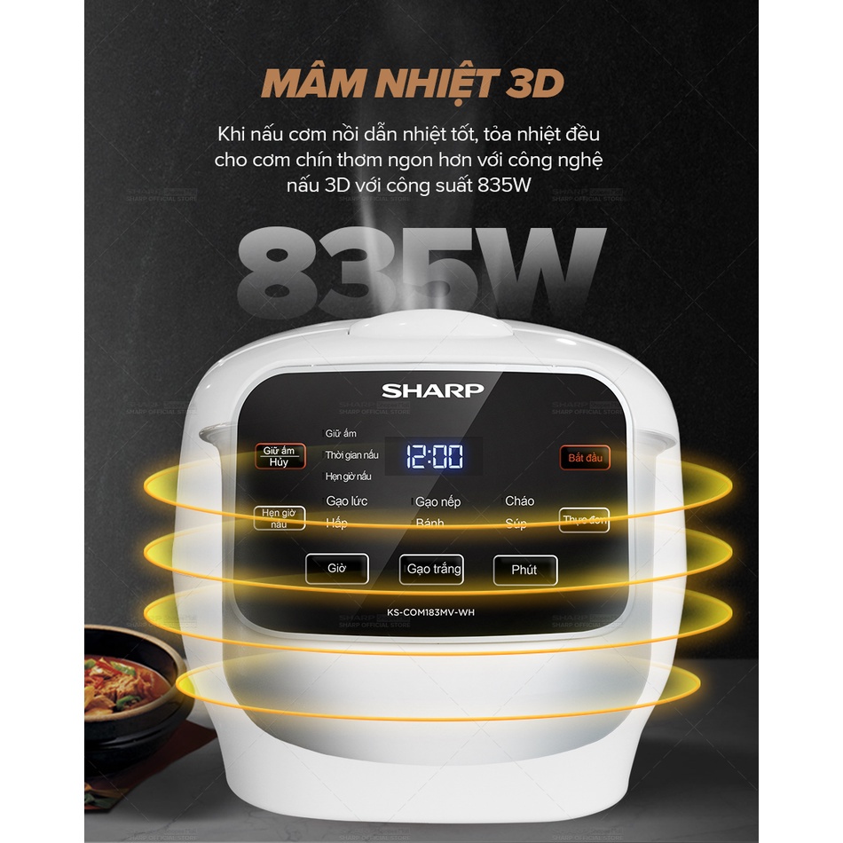 Nồi Cơm Điện Sharp KS-COM183MV-WH 1.8L [Đa Năng, Công Suất 835W, Chống Dính] KS-COM183MV - KS-COM183MV