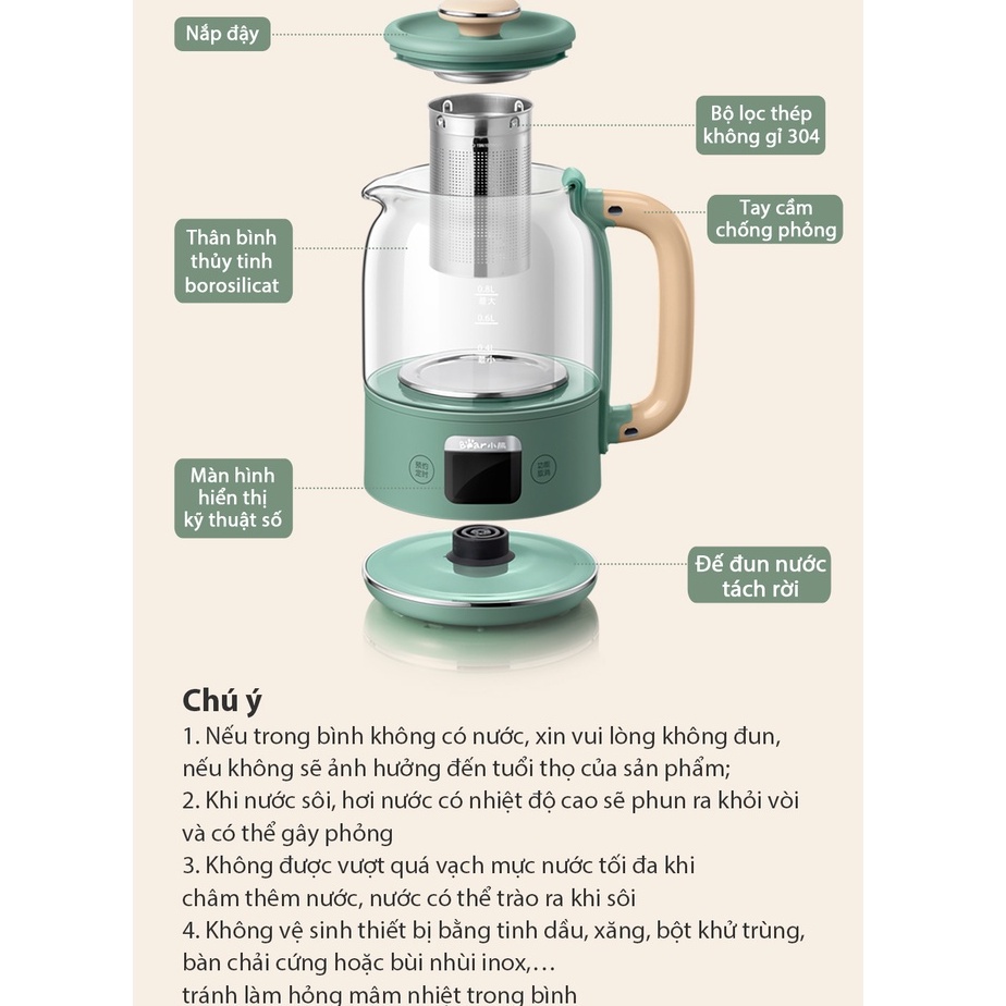 QT - Ấm Bình Máy pha trà chưng yến đa năng Bear SUBE011, thủy tinh dung tích 1,5L nhỏ gọn tiện lợi, dưỡng sinh, BH 18 tháng C08T1 Xanh Quốc Tế