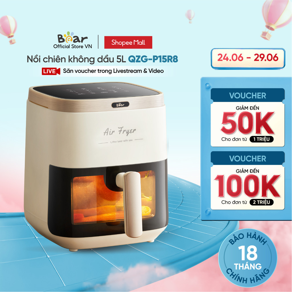 Nồi chiên không dầu Bear QZG-P15R8 - Dung tích 5L, Điều khiển cảm ứng - HAPOS HOF