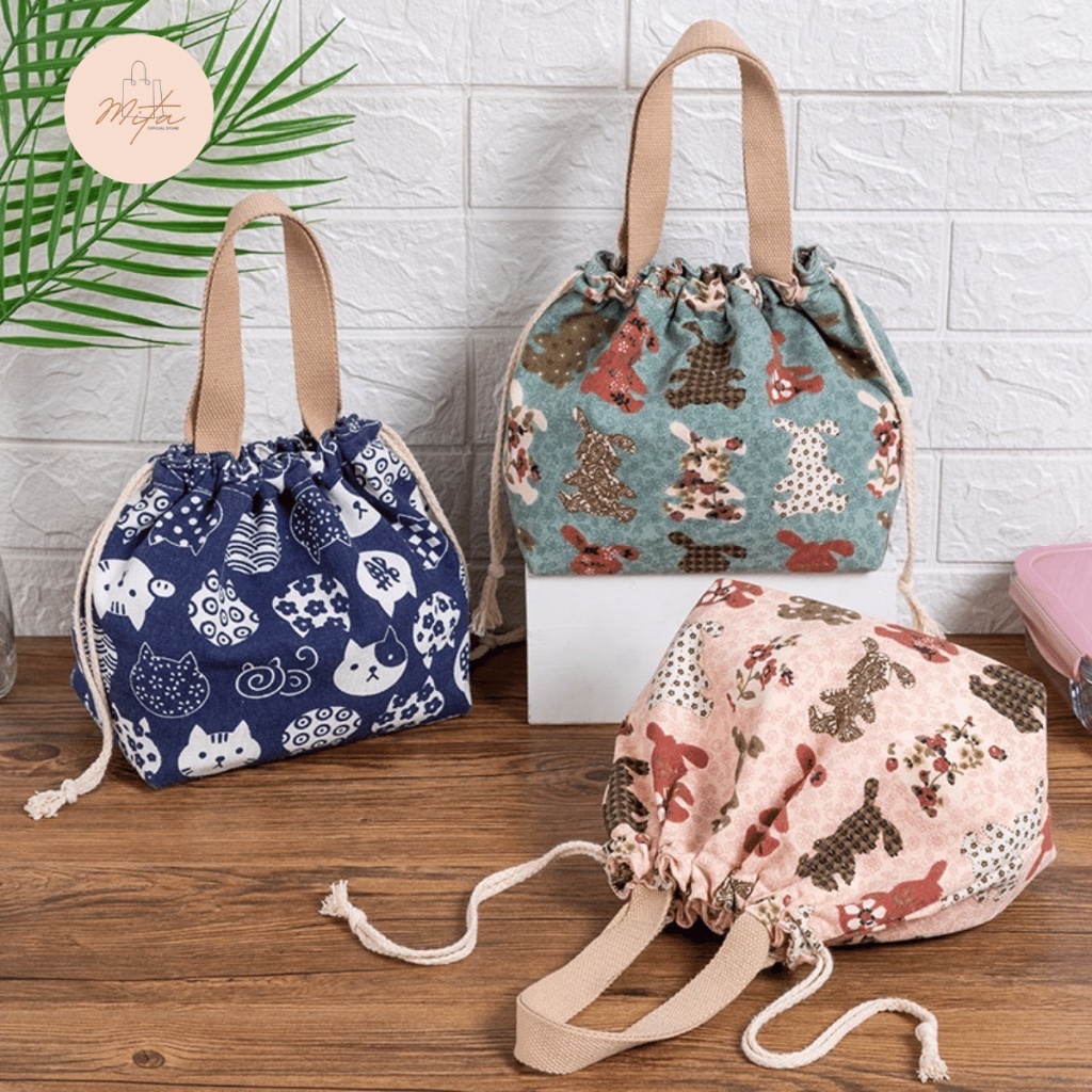 Túi đựng vải canvas cao cấp cho hộp cơm trưa văn phòng LocknLock dây rút dễ thương phong cách Nhật Bản HPCV07 - HAPOS Thỏ Xanh/ Hồng